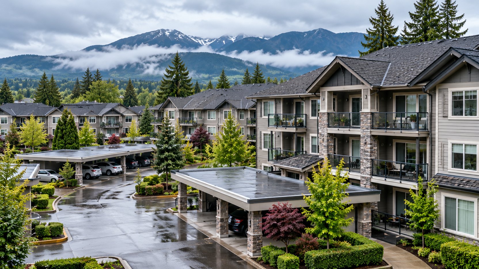 Low-rise strata complex with asphalt shingle roofs over the units and low-slope sections above the walkways.