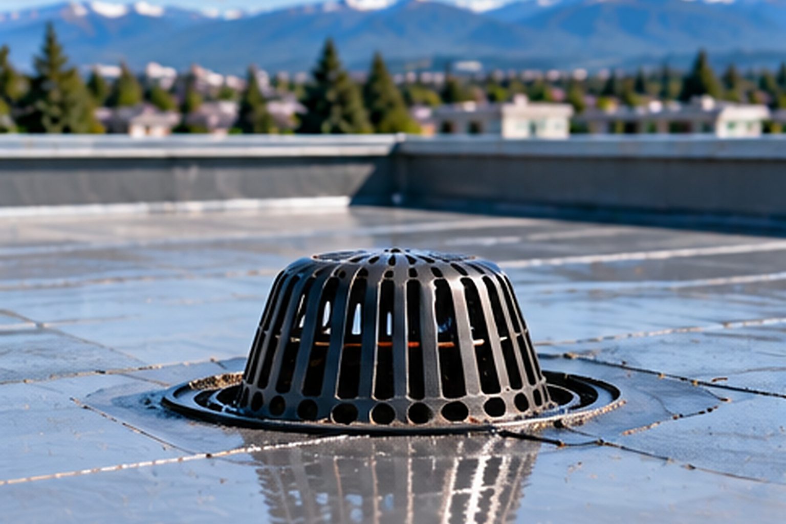 Apartment building roof drain and surrounding waterproofing detail