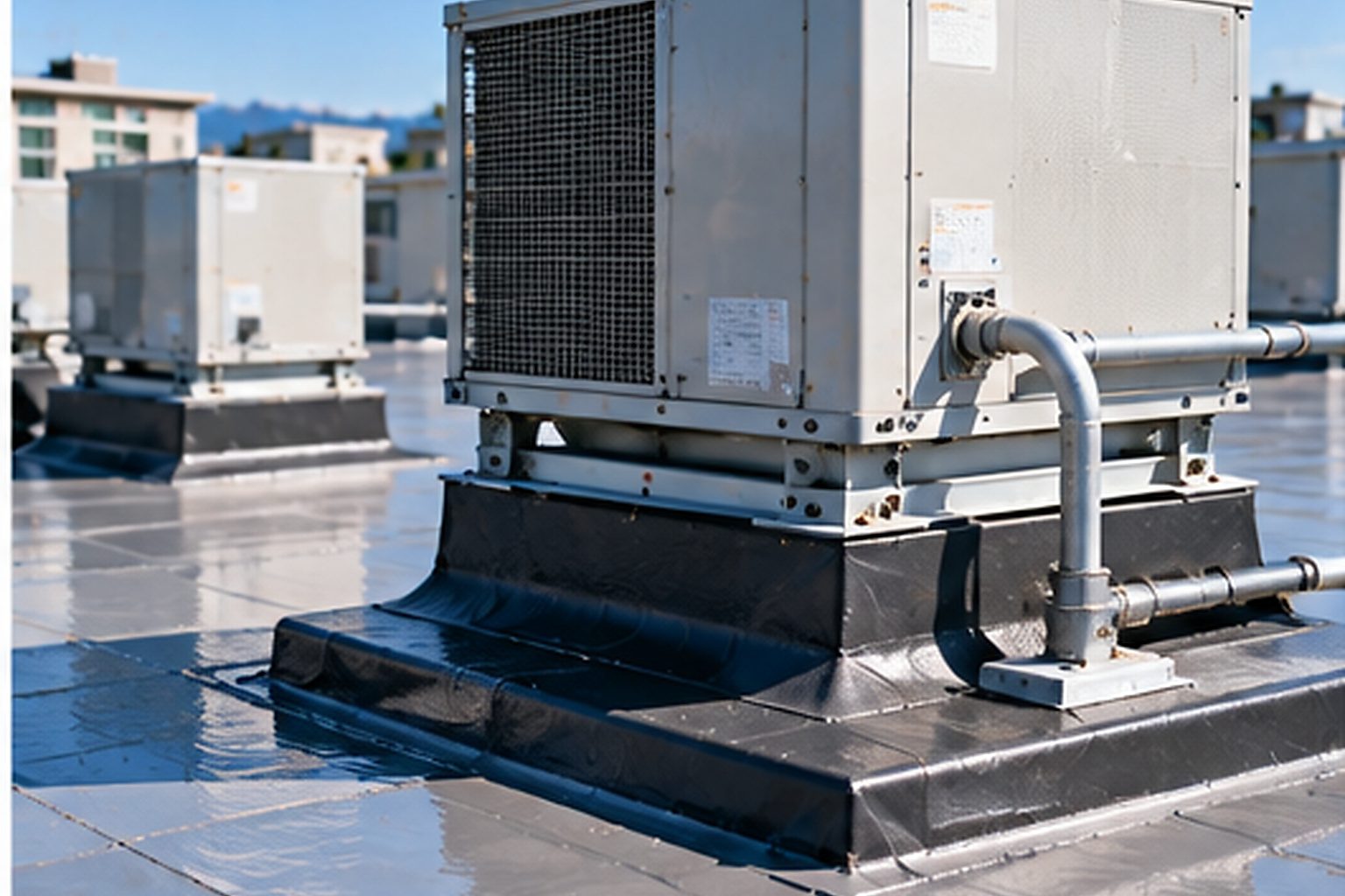 Apartment building rooftop equipment and the surrounding roofing interface