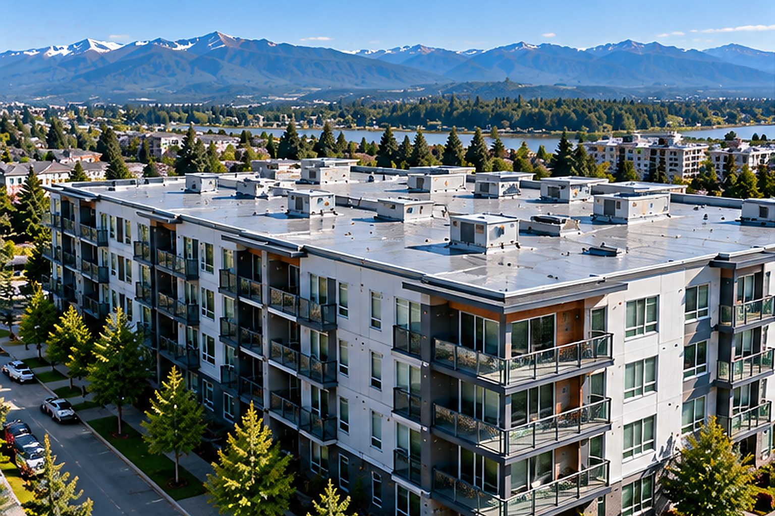 Occupied apartment building with a broad shared roof and multiple residential units
