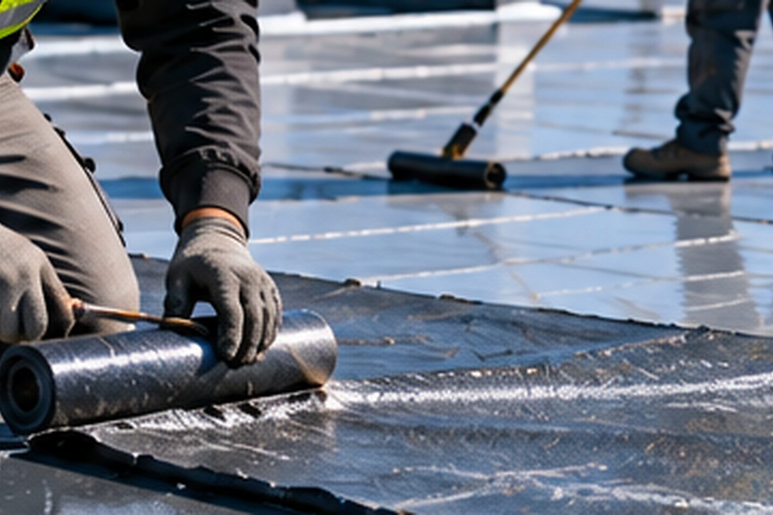 Roofing work being carried out on an apartment building roof section