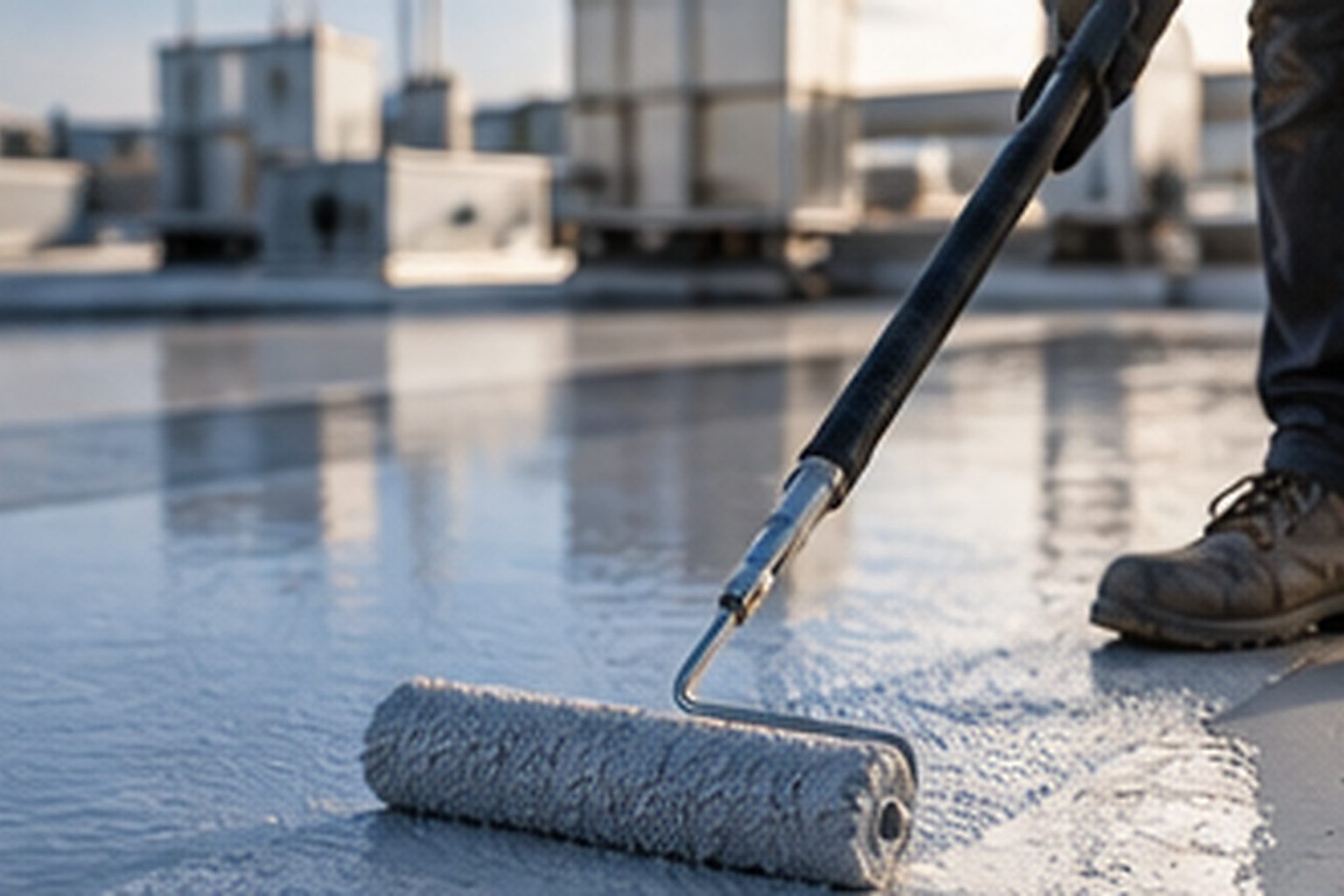 Protective roof coating being applied to a commercial roof surface