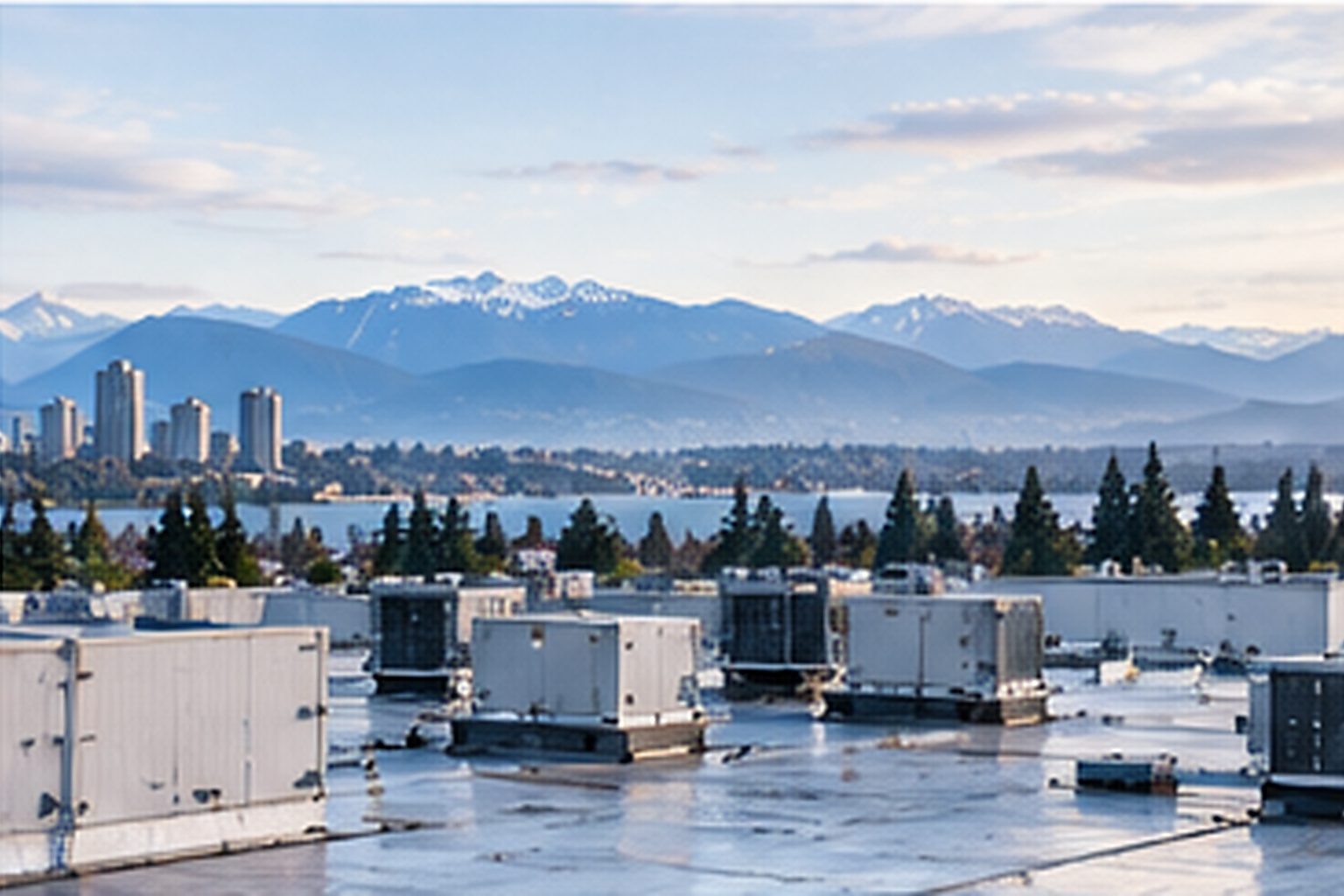 Commercial low-slope rooftops with Metro Vancouver skyline and mountains
