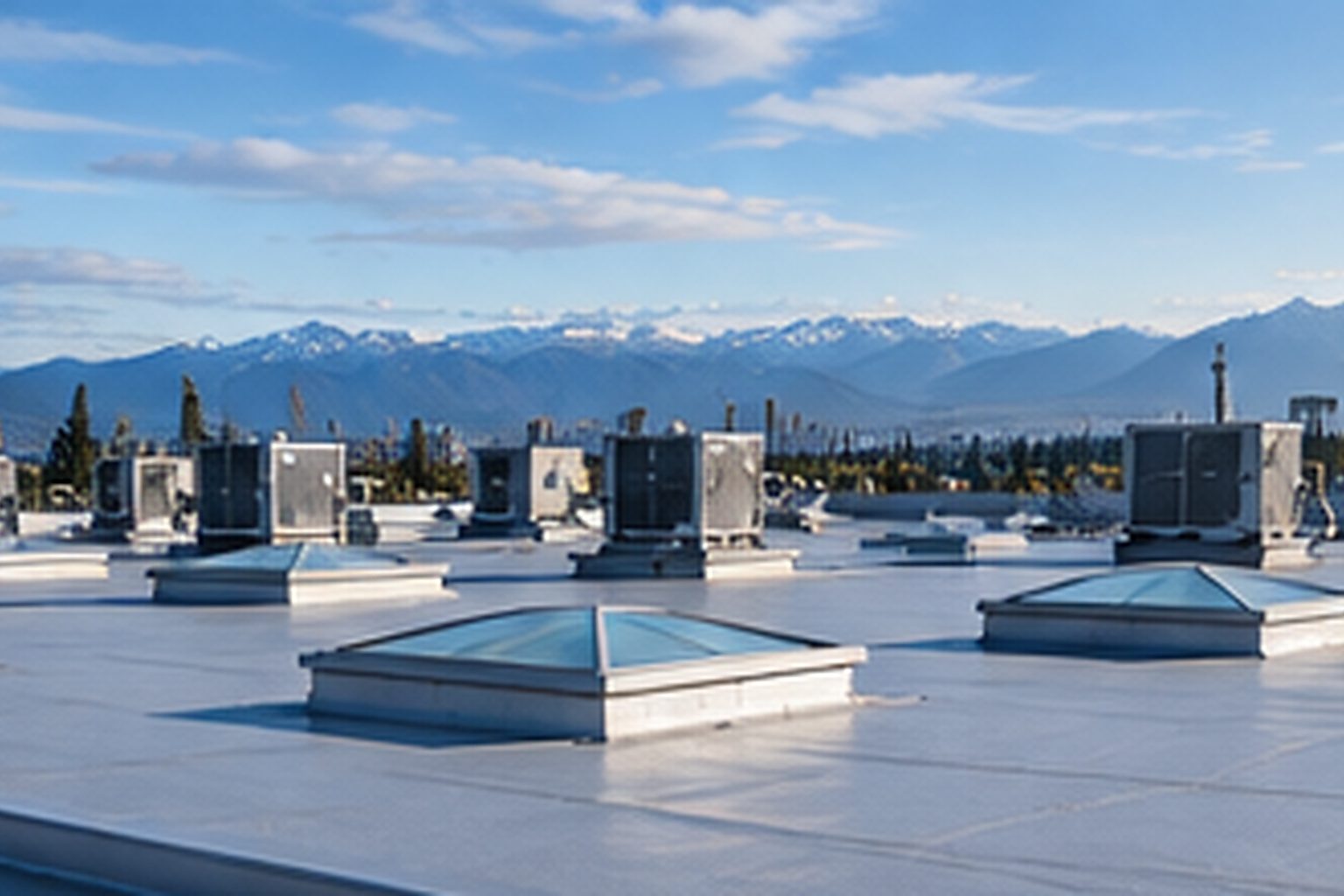 Large commercial low-slope roof with rooftop equipment