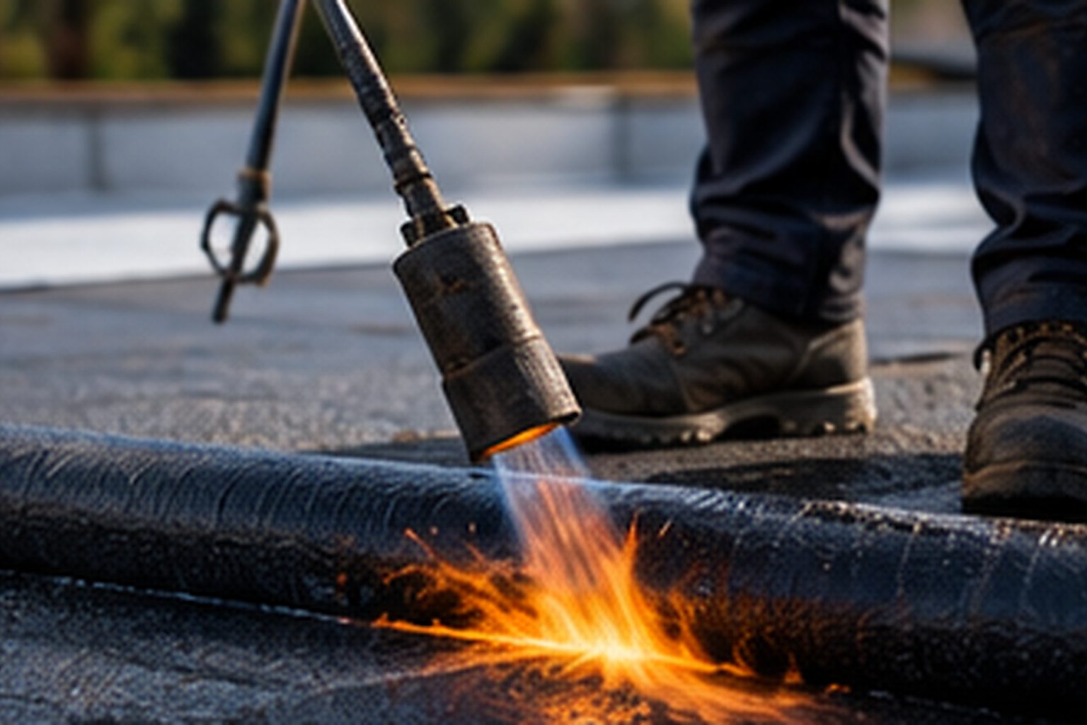 Heat-applied modified bitumen roofing work on a commercial roof