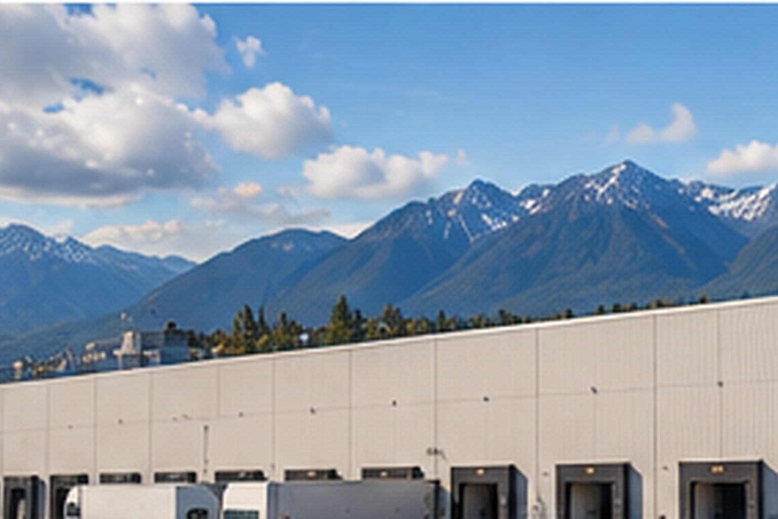 Large warehouse building with a broad low-slope roof