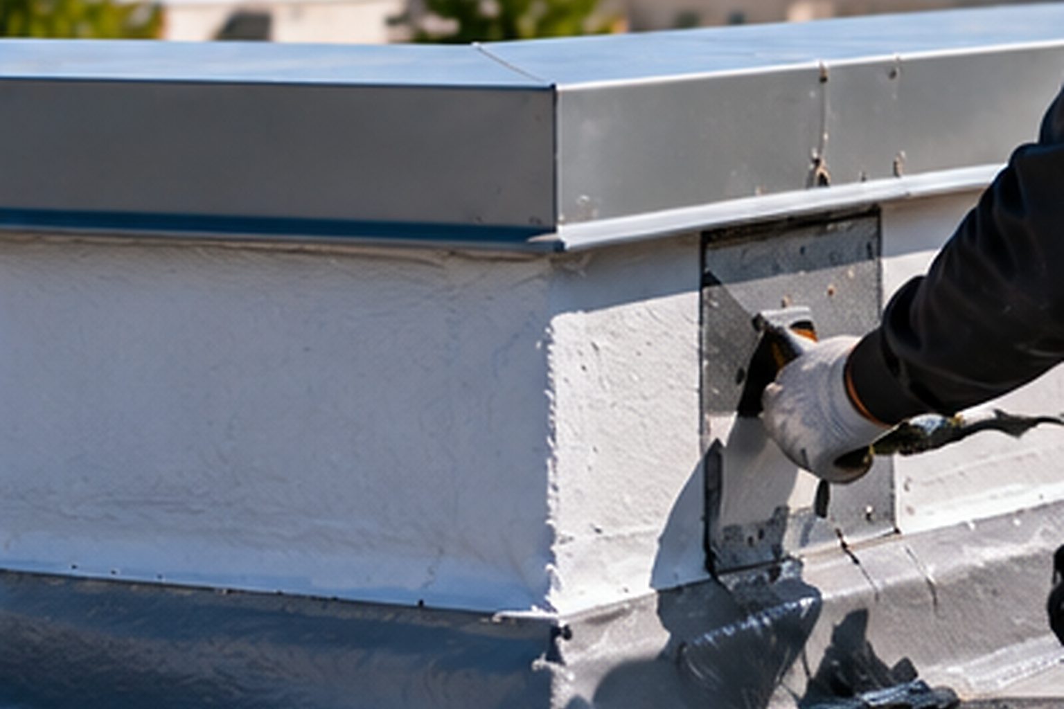 Condominium roof edge and flashing detail being checked