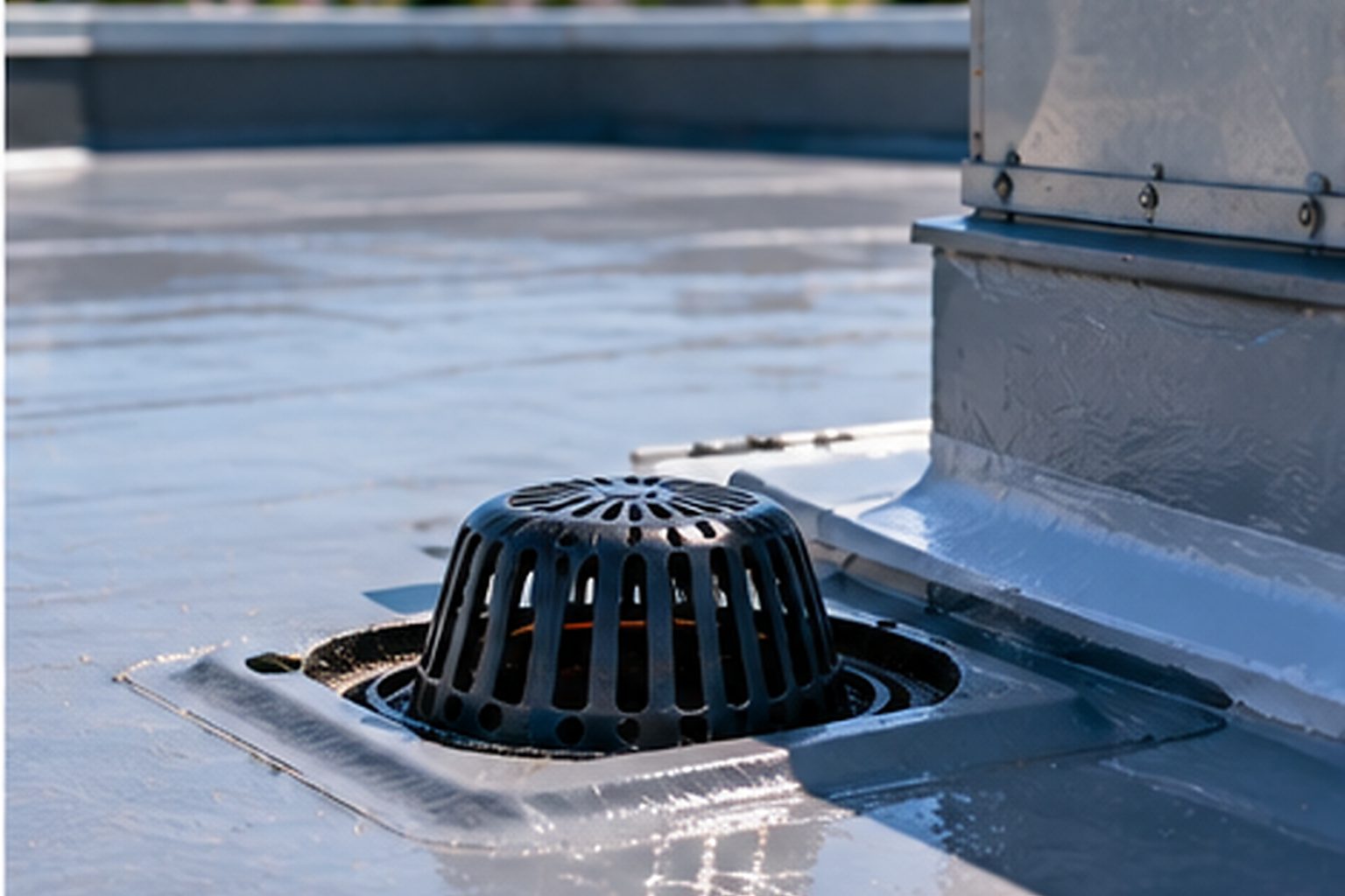 Condominium roof drain and surrounding waterproofing detail