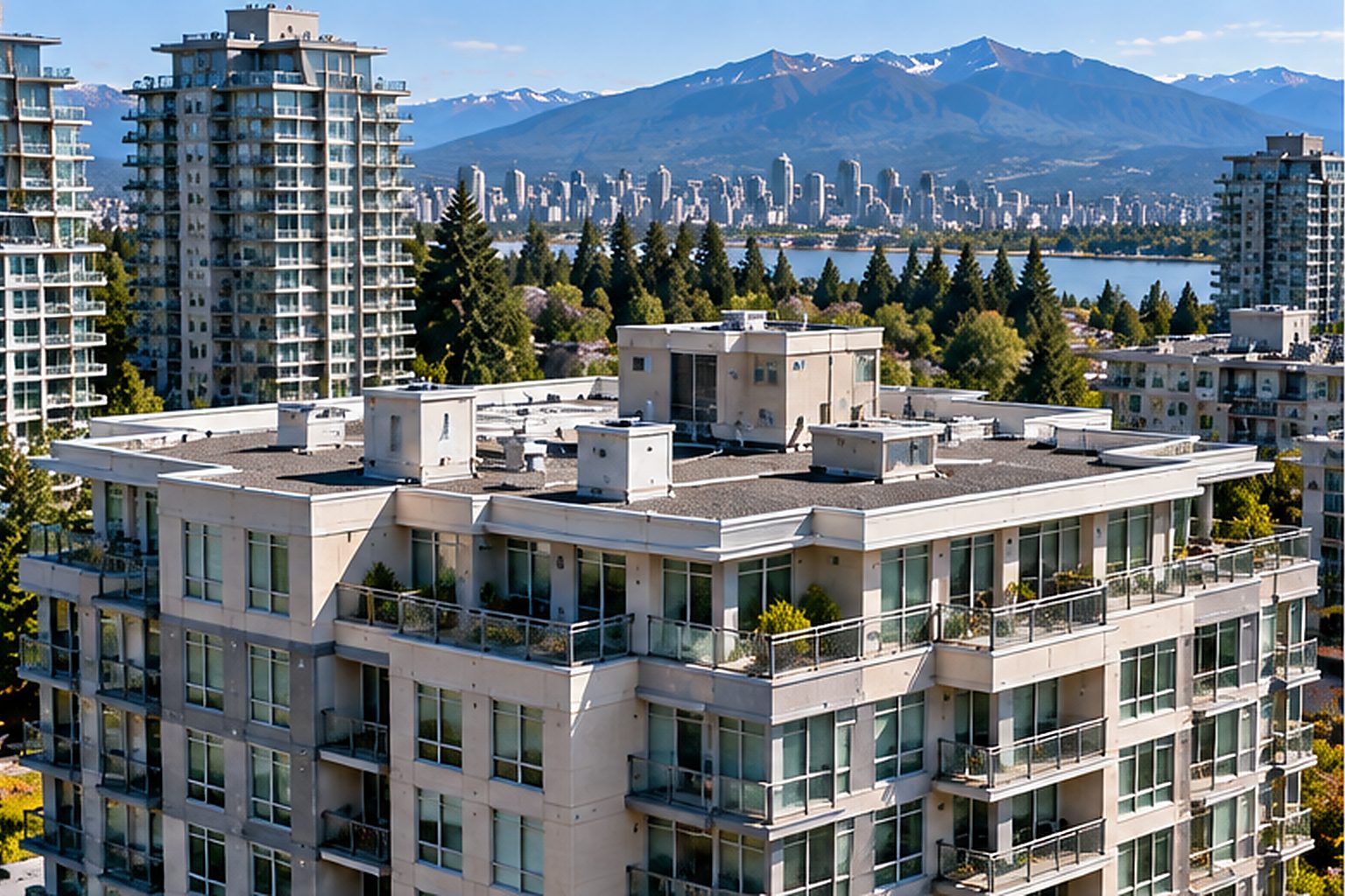 Multi-unit condominium building with shared roof areas and common spaces