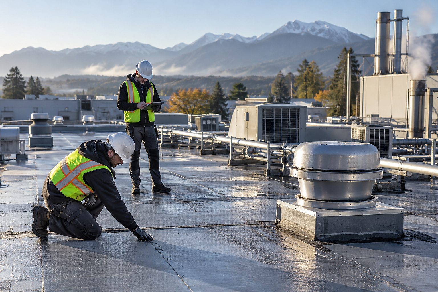 Roofing professionals assessing a factory roof and its equipment interfaces
