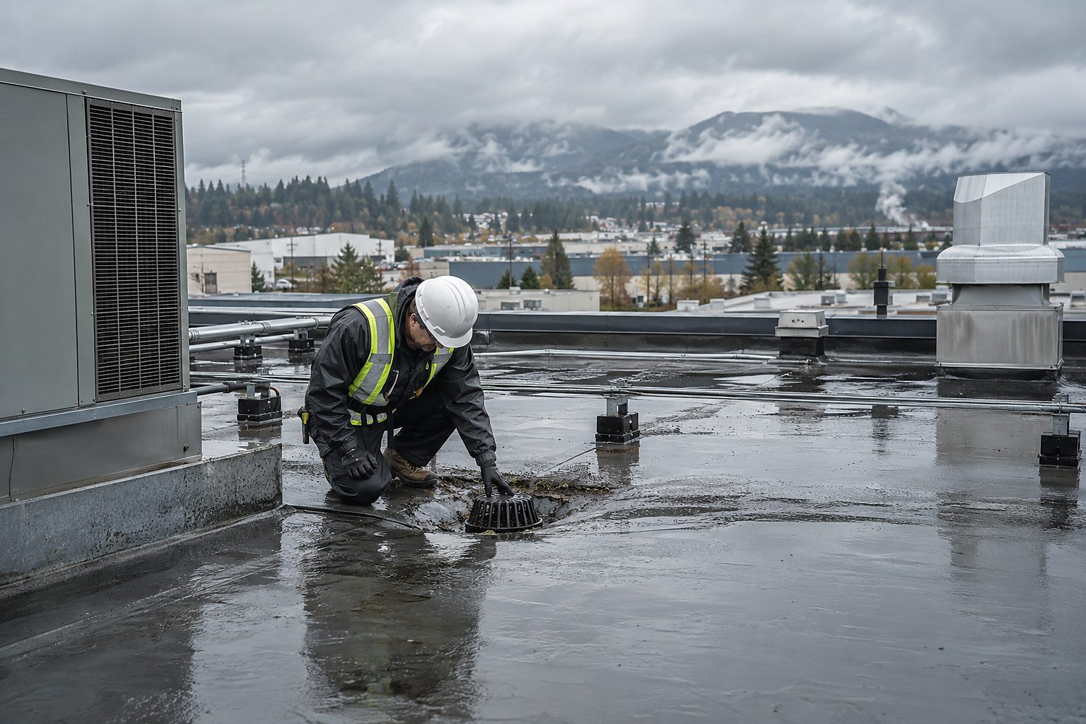 Industrial roof drainage being inspected during wet conditions