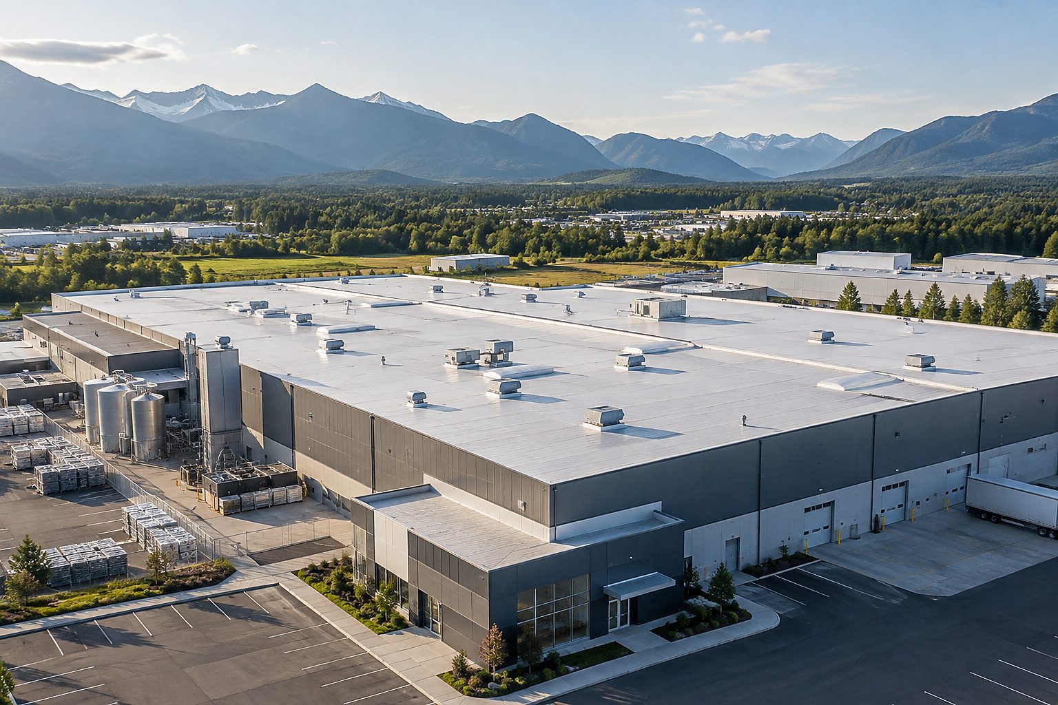 Large industrial factory and plant building with a broad commercial roof in a mountain setting