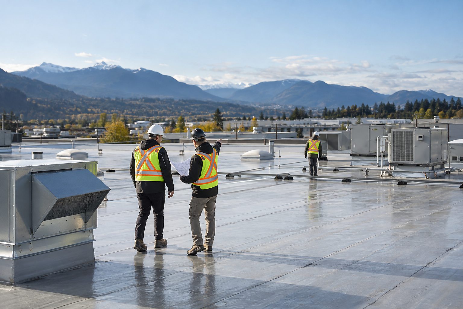 Roofer inspecting an industrial roof around vents, curbs and rooftop equipment