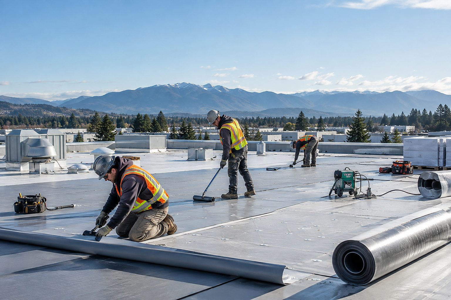Commercial roofing crew working on an industrial plant roof with rooftop equipment