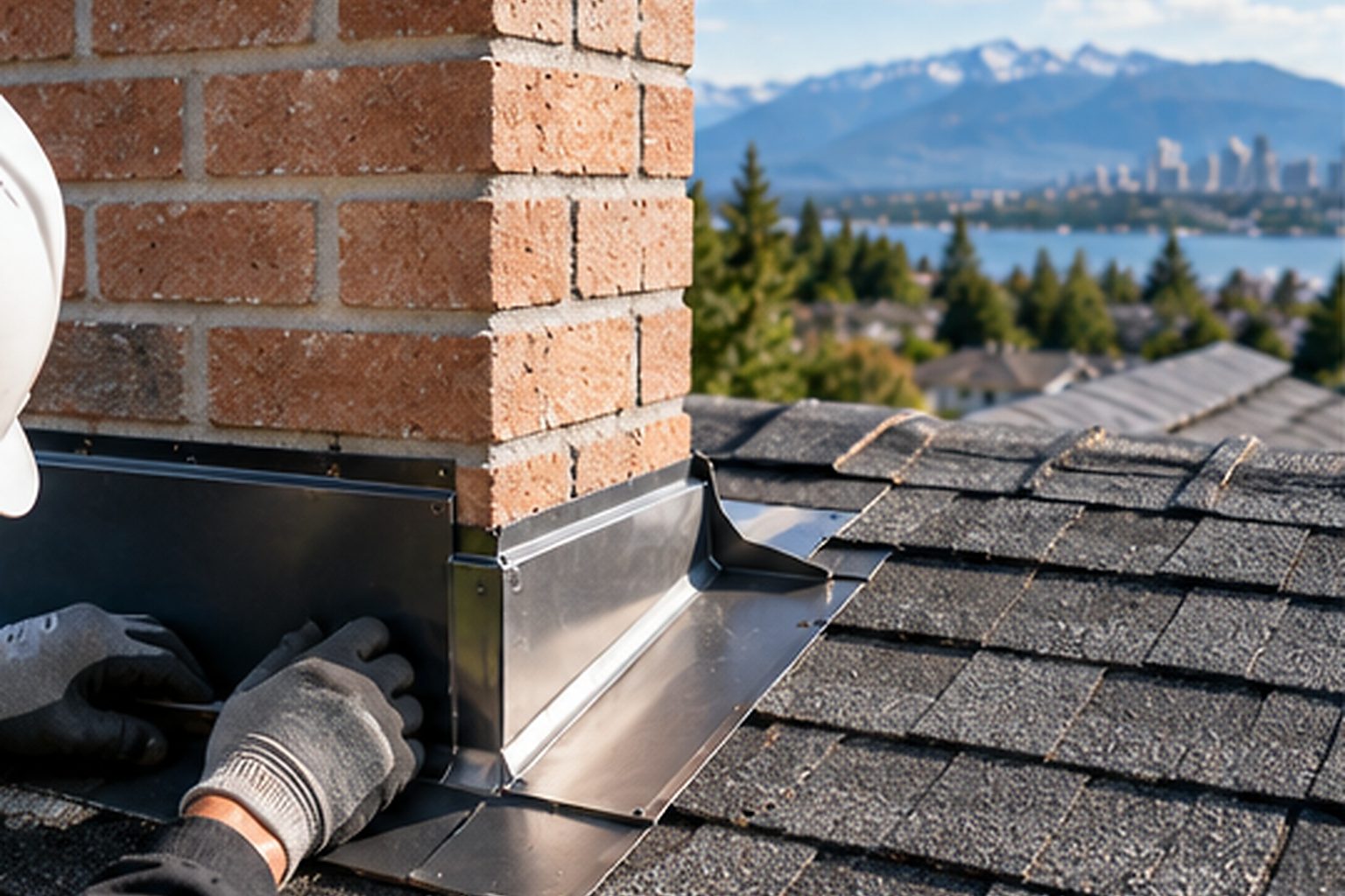 Residential chimney flashing integrated with surrounding asphalt shingles