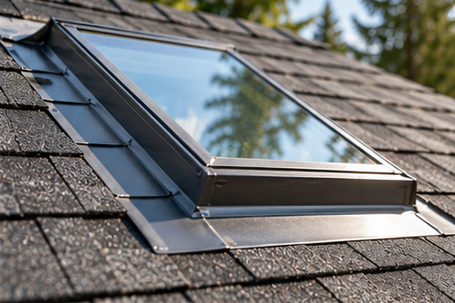 Flashing integrated around a residential roof skylight