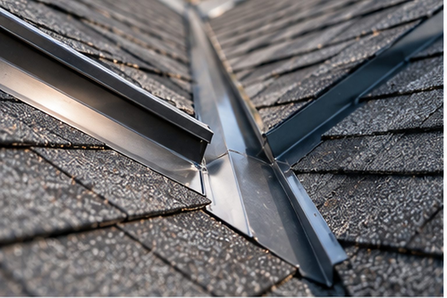 Metal valley flashing carrying water between two roof slopes