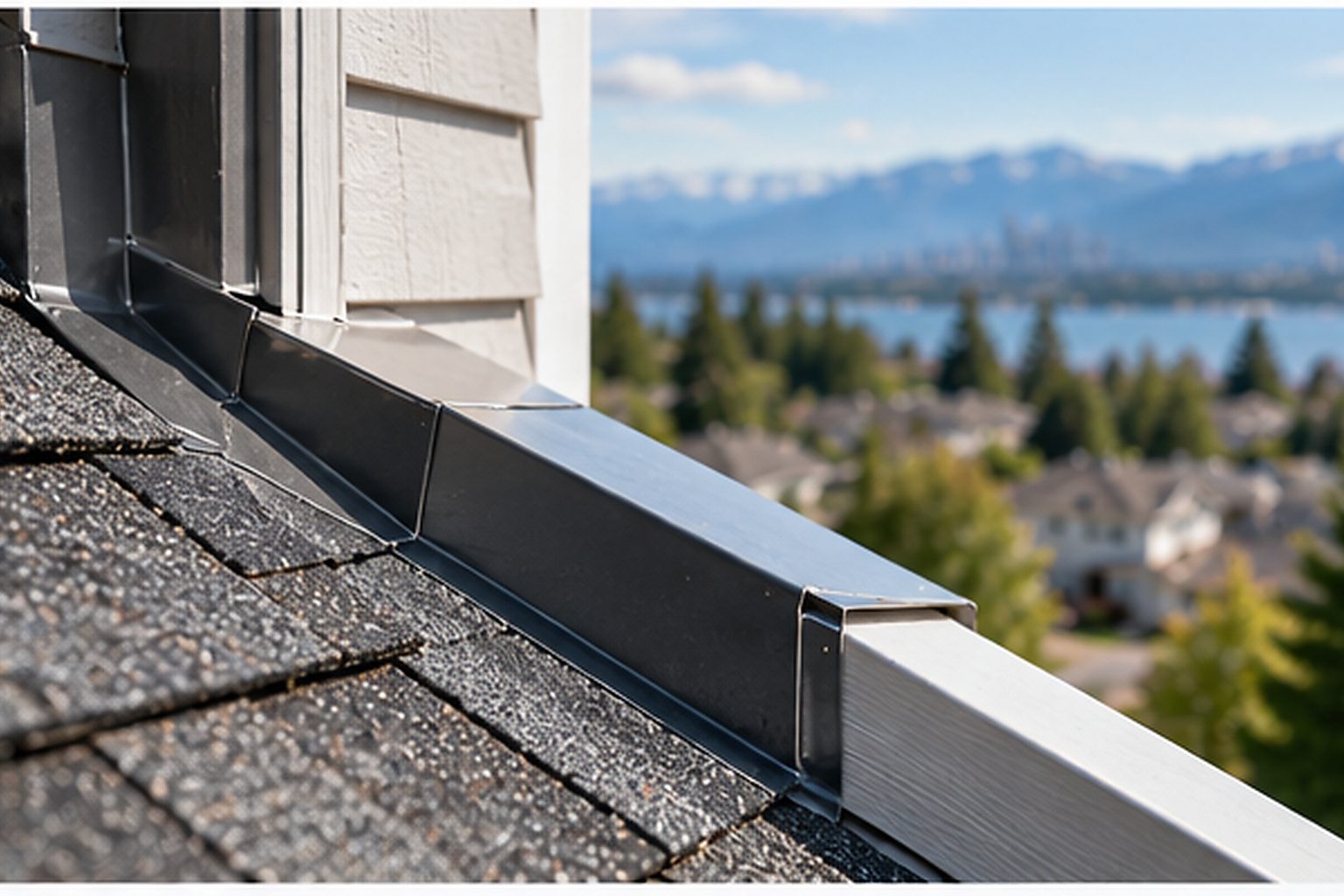 Metal flashing where a residential roof meets a vertical wall