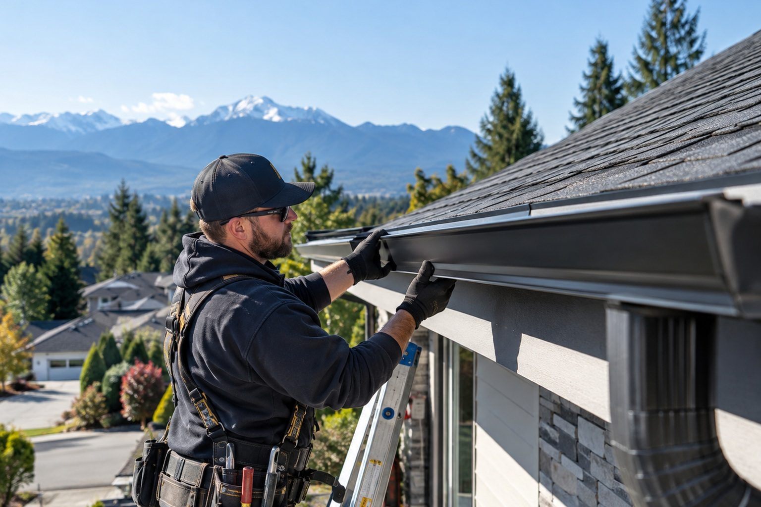 Roofer installing gutters on a house with a mountain view