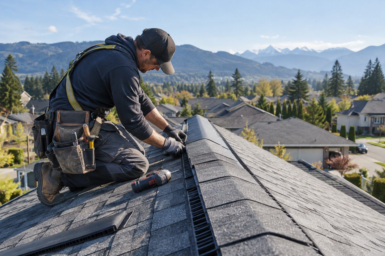 Roofer installing a ridge vent on a residential roof