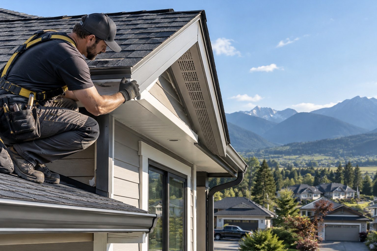 Roofer installing soffit ventilation on a house