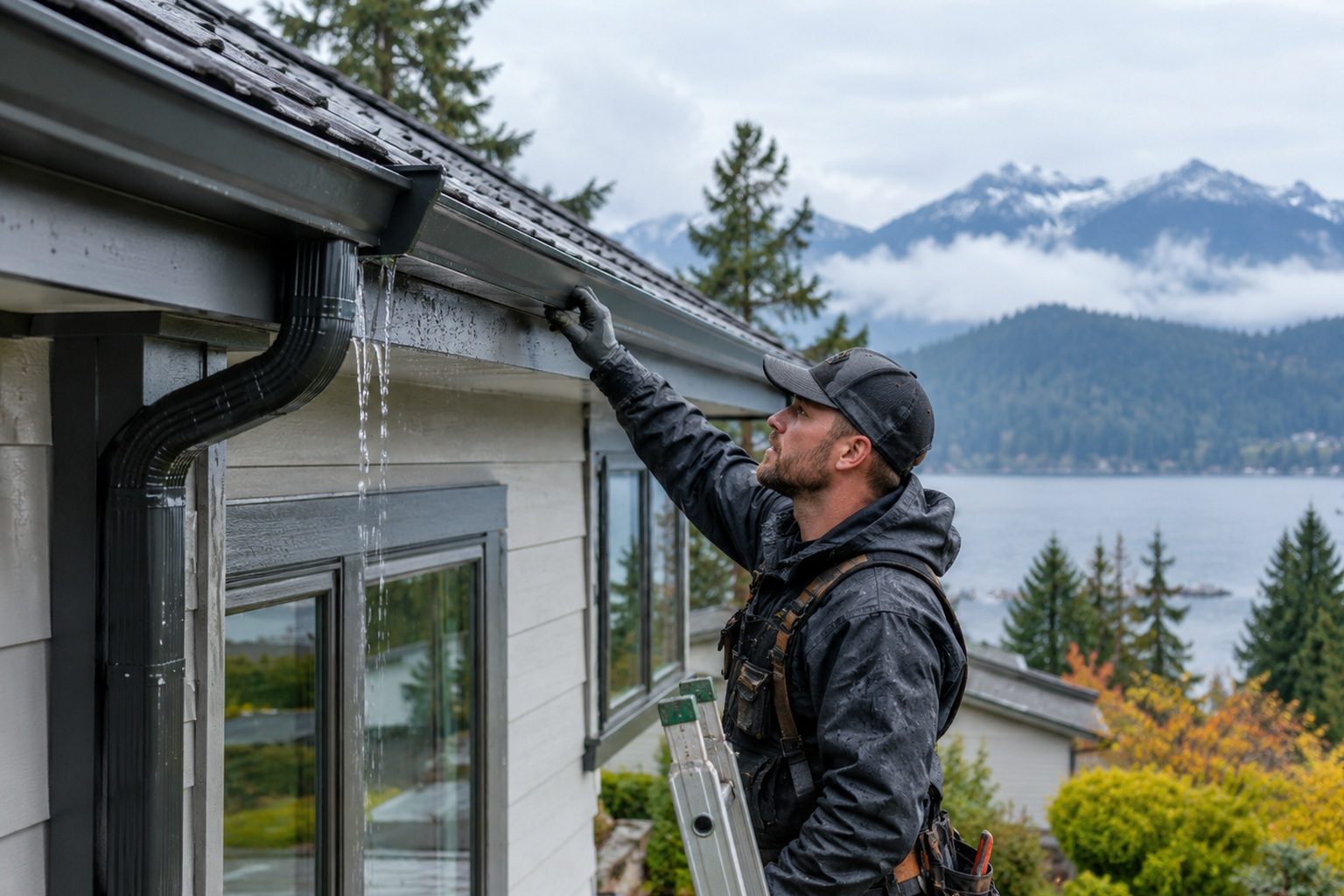 Gutter being checked on a residential roof in wet weather