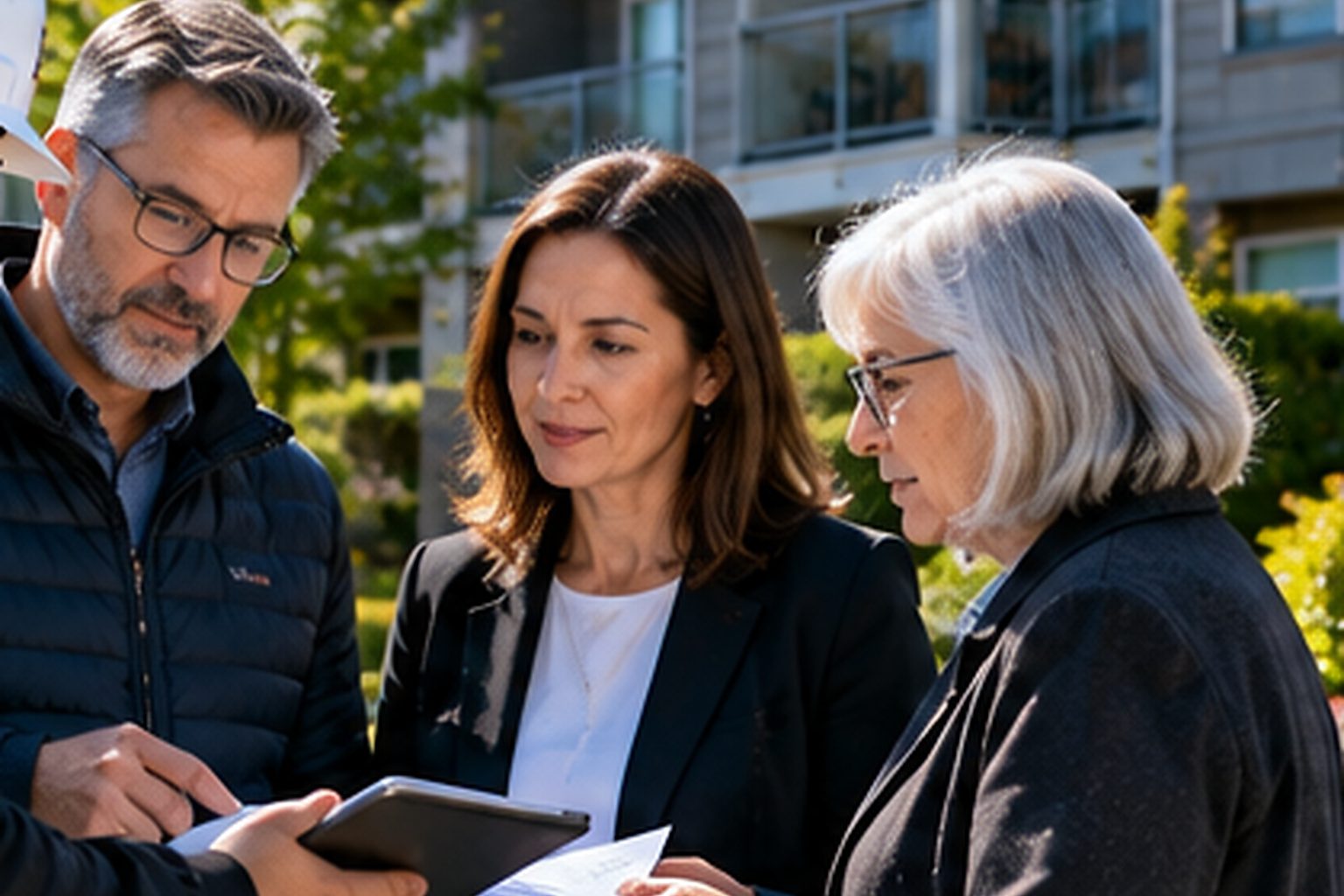 Property representatives discussing a shared-property roofing project before work begins