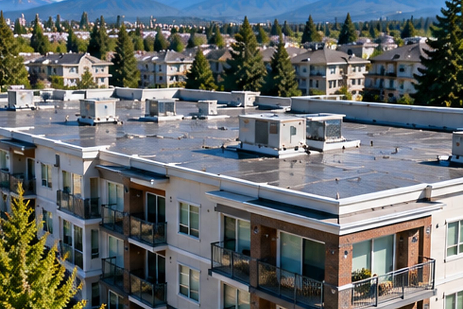 Multi-family residential property with shared roof areas and common surroundings