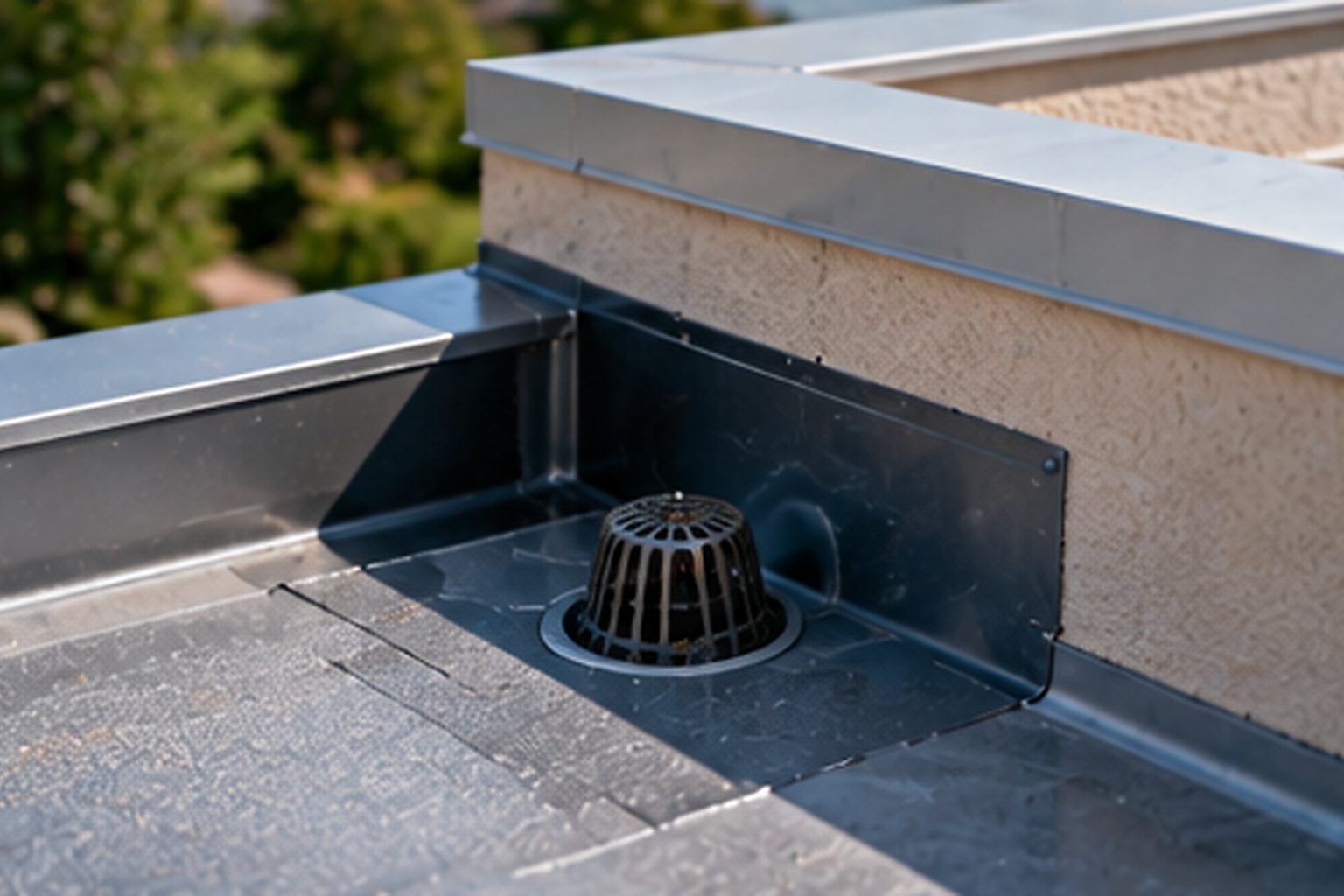 Commercial hotel roof drain and surrounding membrane detail