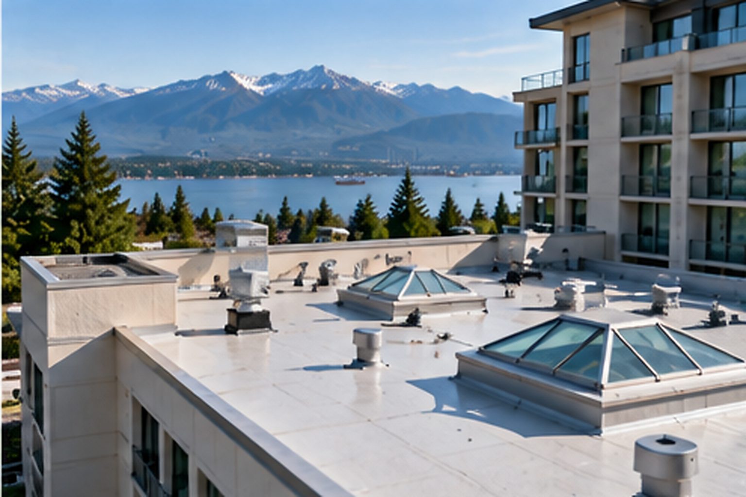 Commercial hotel rooftop with skylights and rooftop details in a mountain setting