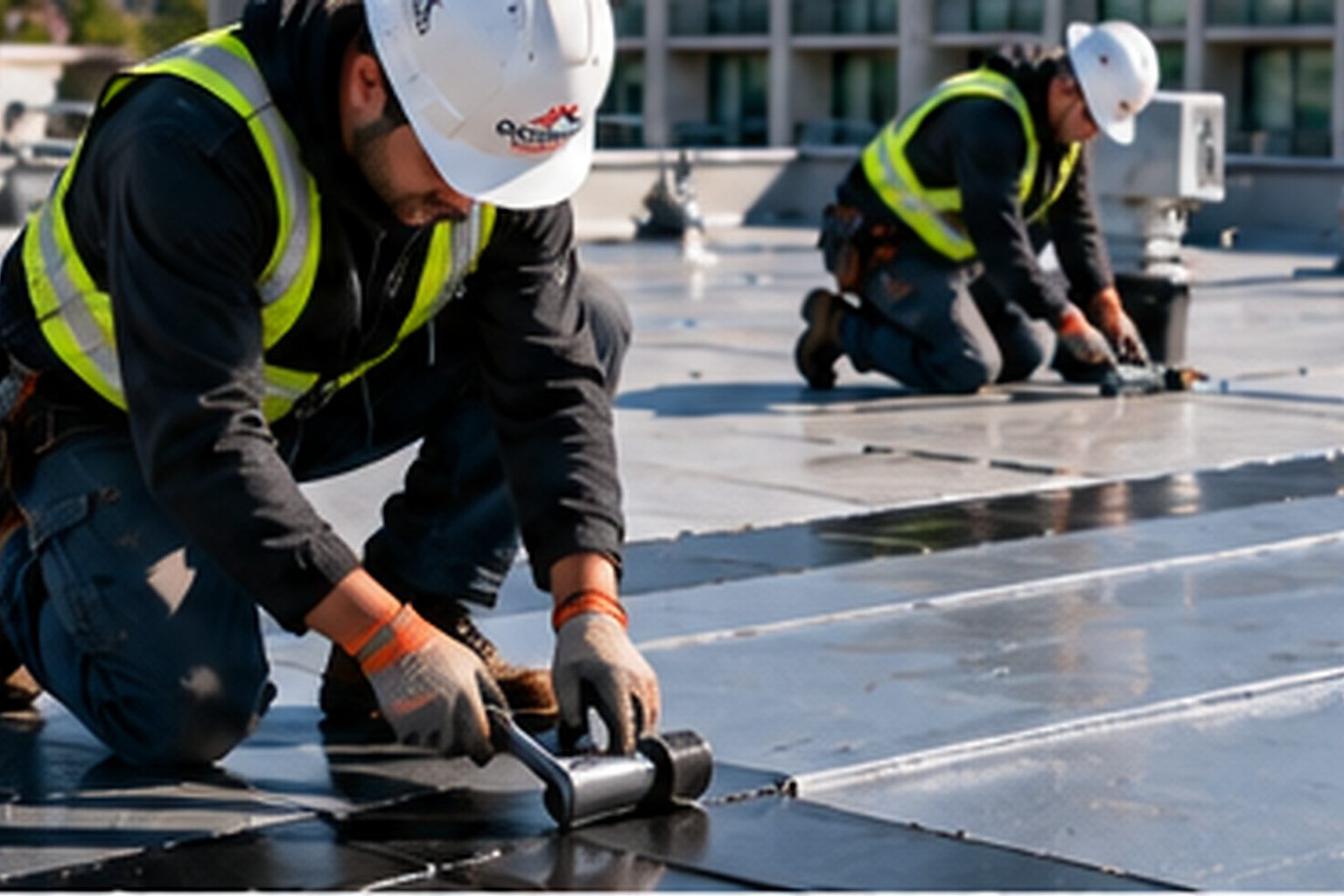 Commercial hotel roof repair work on a low-slope roofing surface