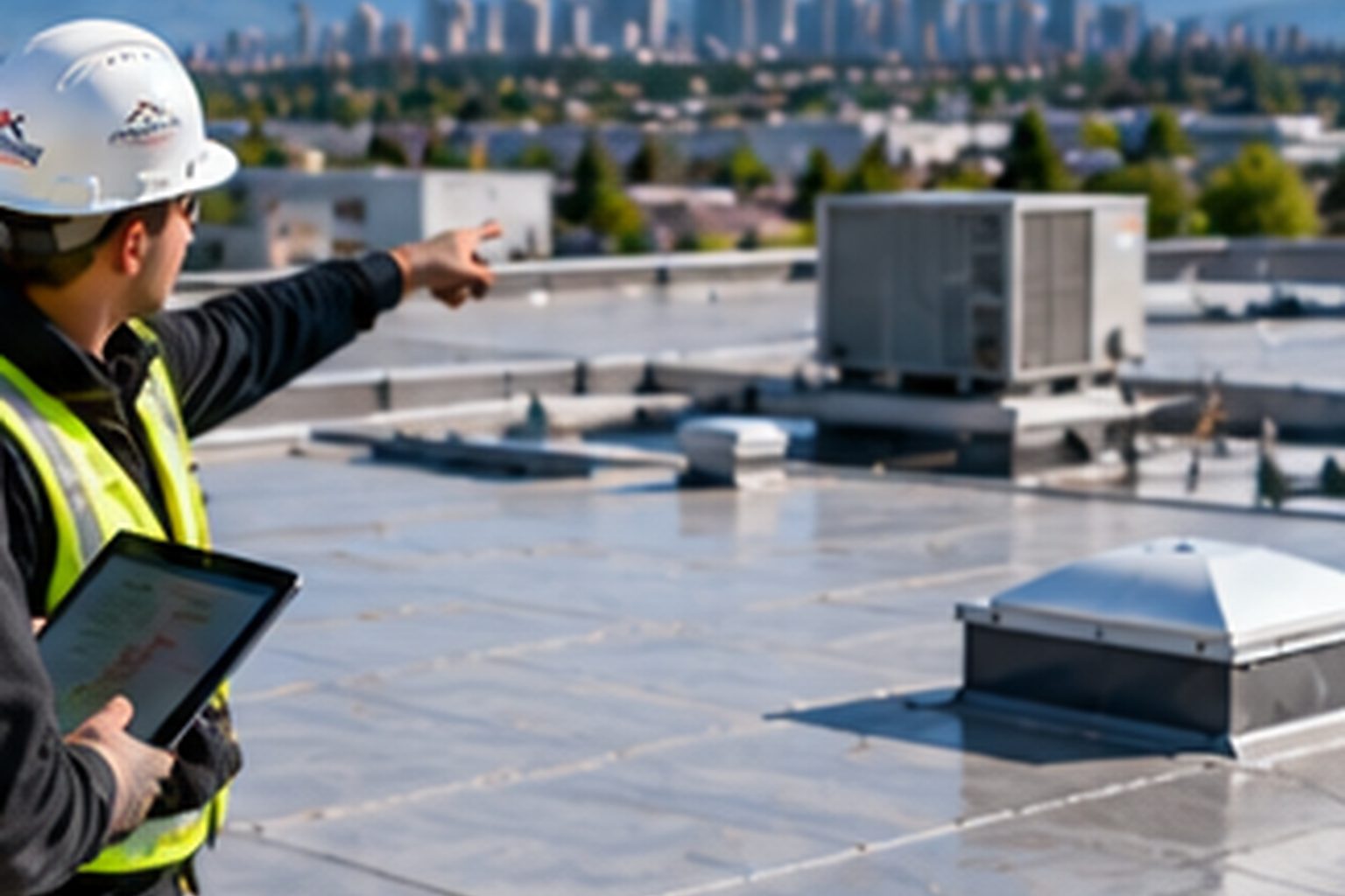 Commercial low-slope roof being reviewed during a condition assessment