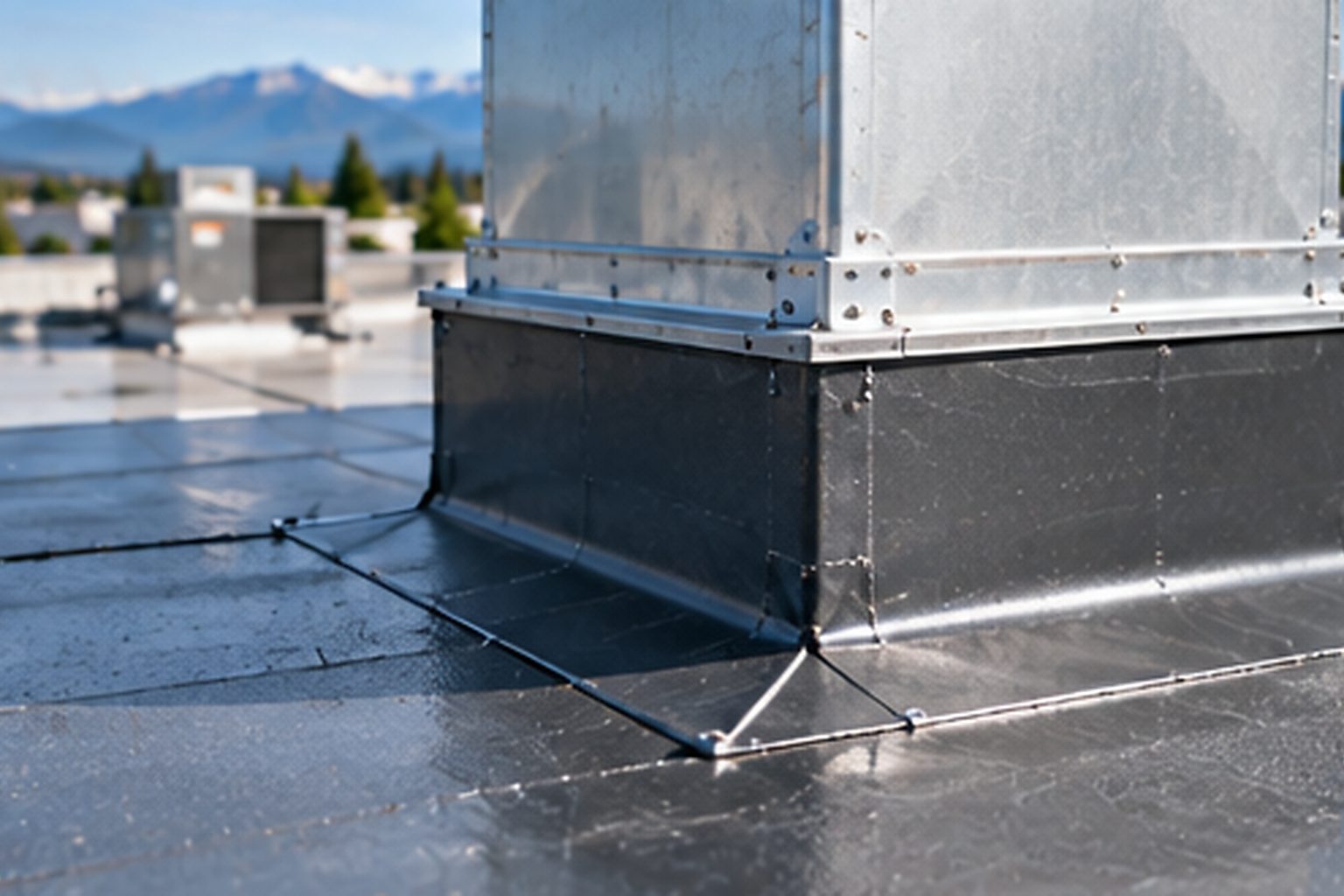 Commercial low-slope roof curb and penetration detailing around rooftop equipment