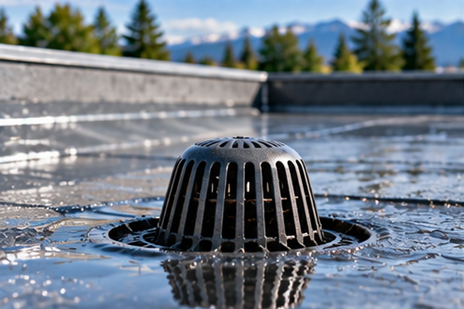 Commercial low-slope roof drain and surrounding membrane after rainfall
