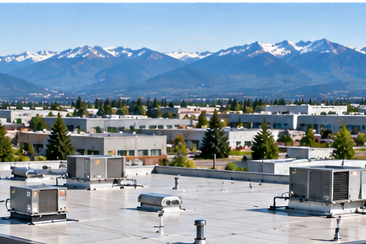 Commercial low-slope roof with rooftop equipment and mountain backdrop