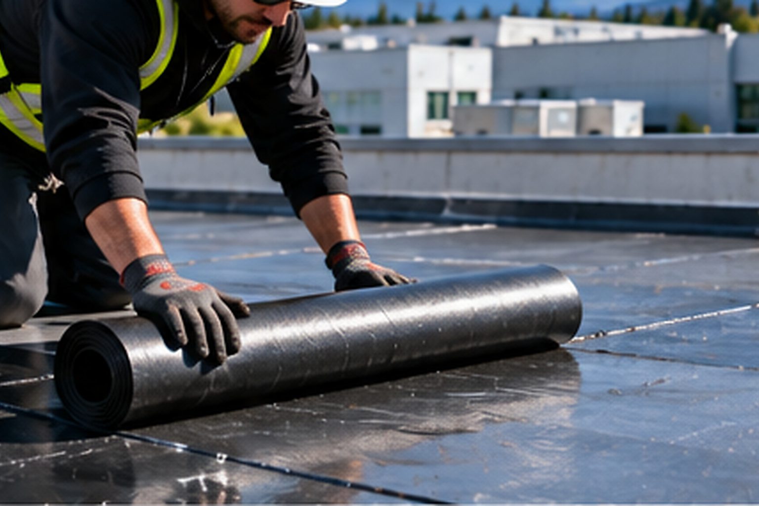 Commercial low-slope roofing membrane being installed on a broad roof surface