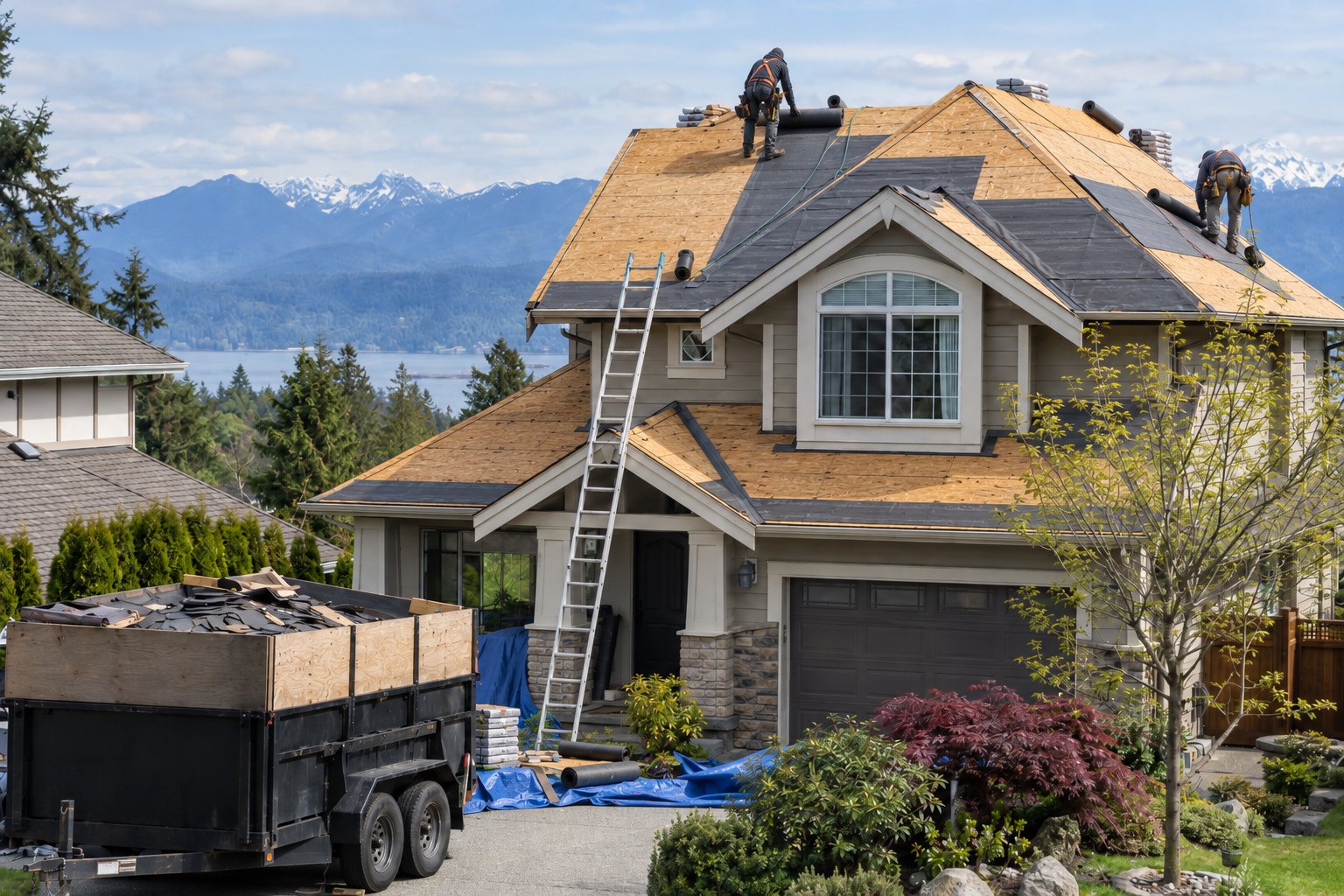 Bare roof decking with underlayment going on during a residential re-roof