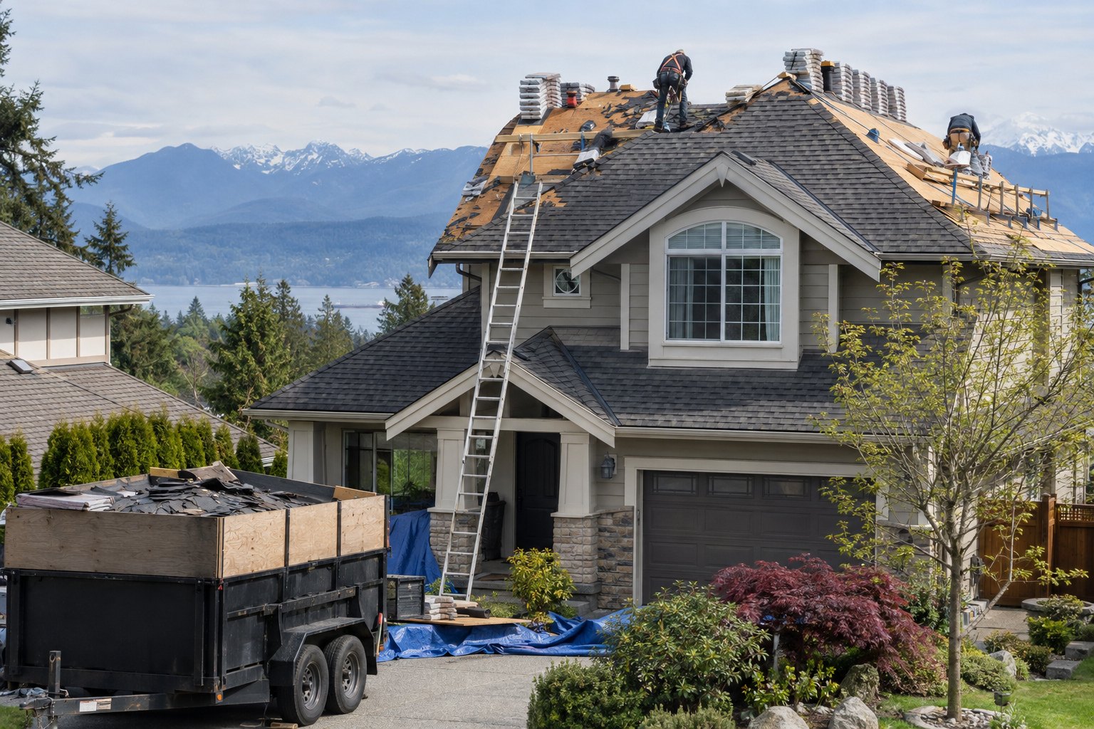 Detached home mid roof replacement, with staging and materials on the roof