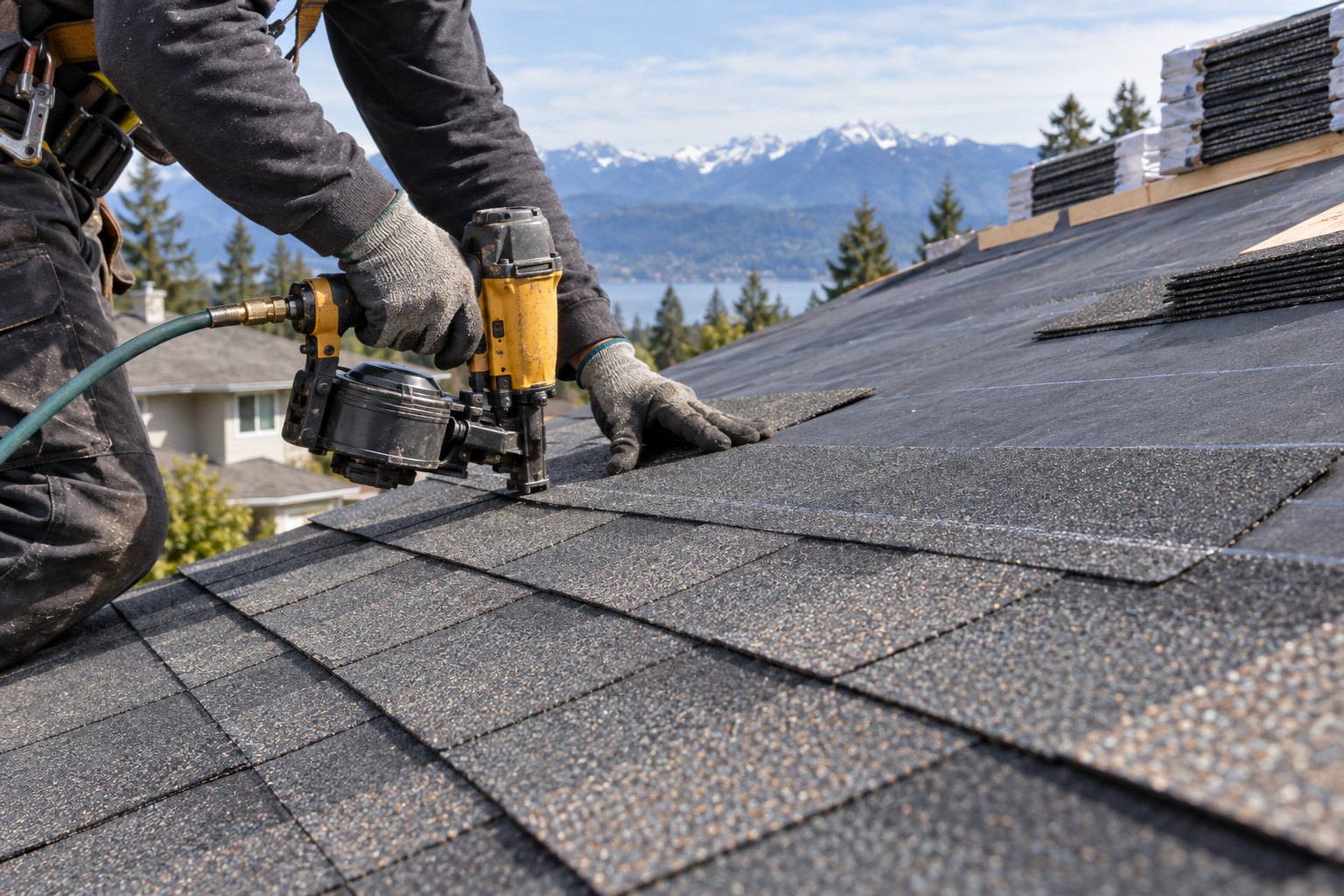 New asphalt shingles being nailed in courses over fresh underlayment