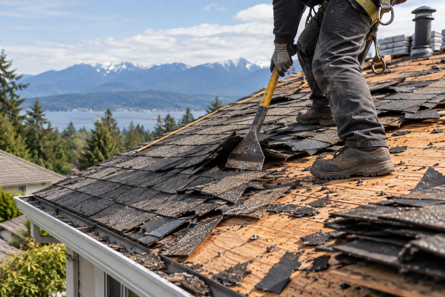 Old asphalt shingles being stripped from a residential roof deck