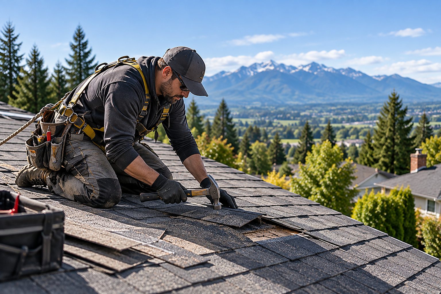 Roofer checking repaired shingles and surrounding roofing condition