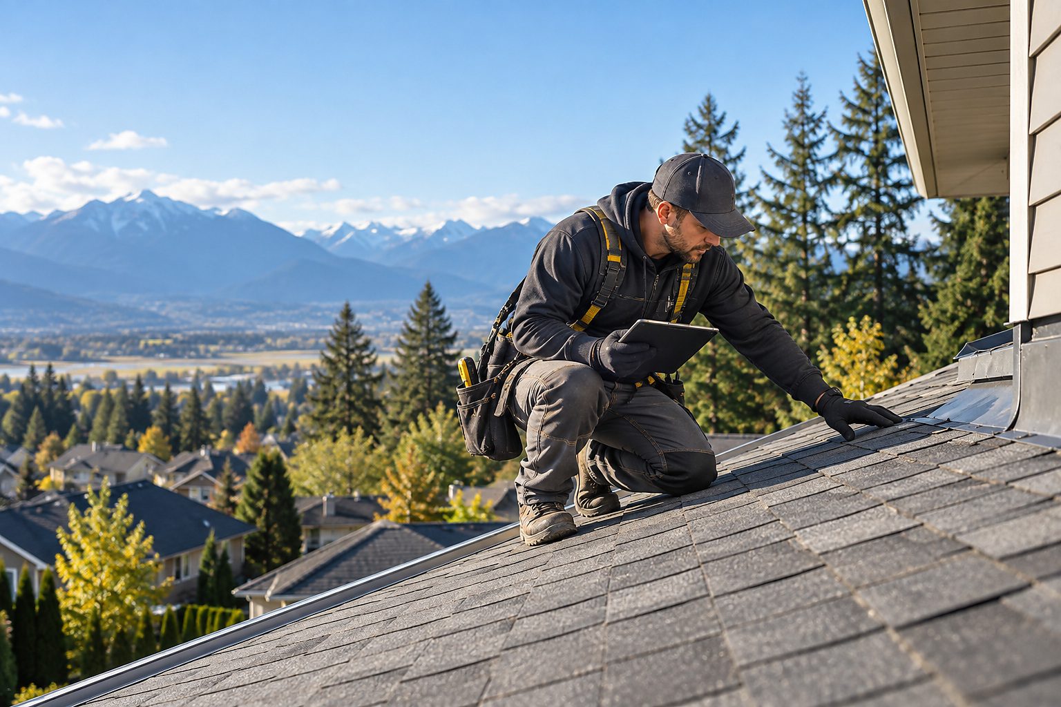 Roofer reviewing a defined residential roof area before repair work
