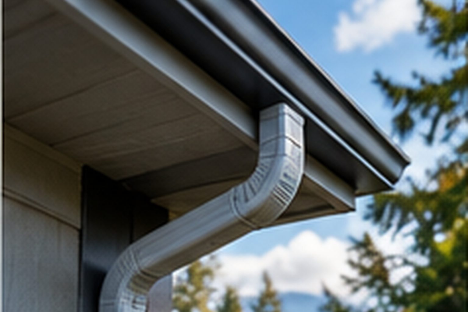 Residential gutter and downspout at a roof edge