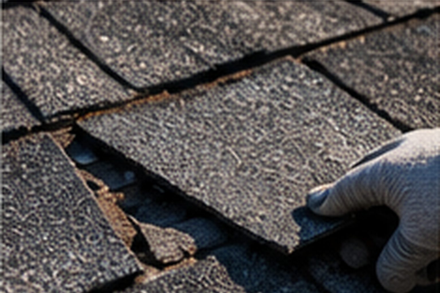 Close-up repair work on asphalt shingles
