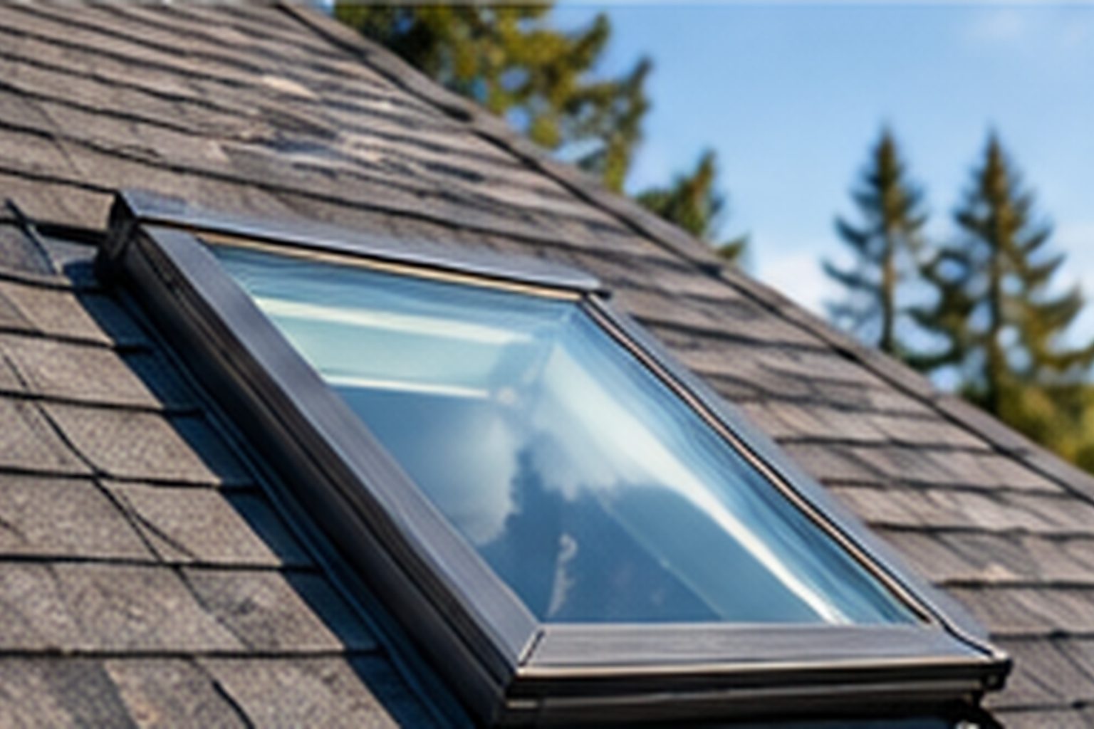 Roof skylight installed within asphalt shingles