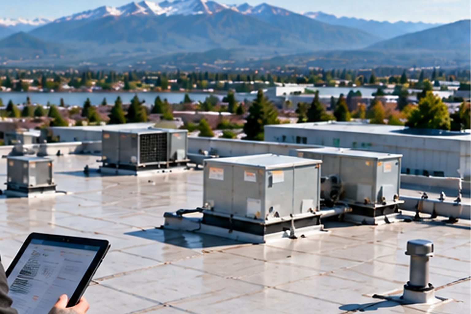 Commercial roof condition baseline with rooftop equipment and mountain backdrop