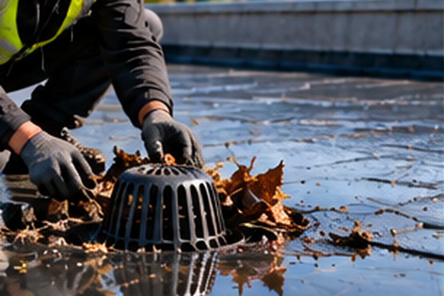 Commercial roof drain being cleared as part of planned roof maintenance