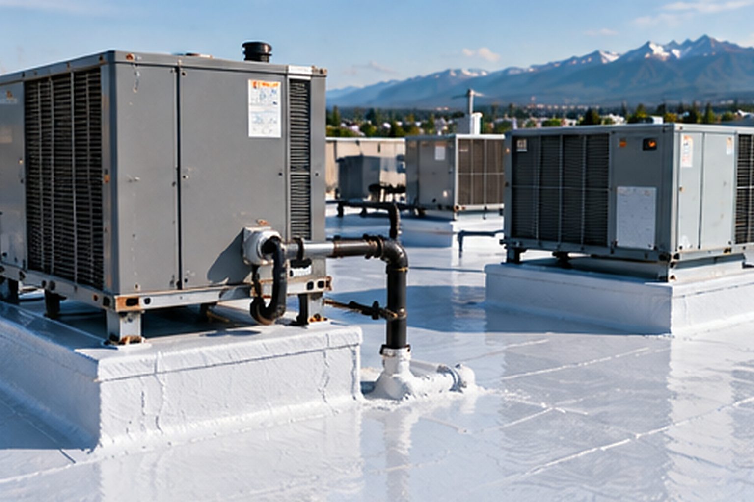 Commercial roof coating integrated around rooftop equipment and curbs