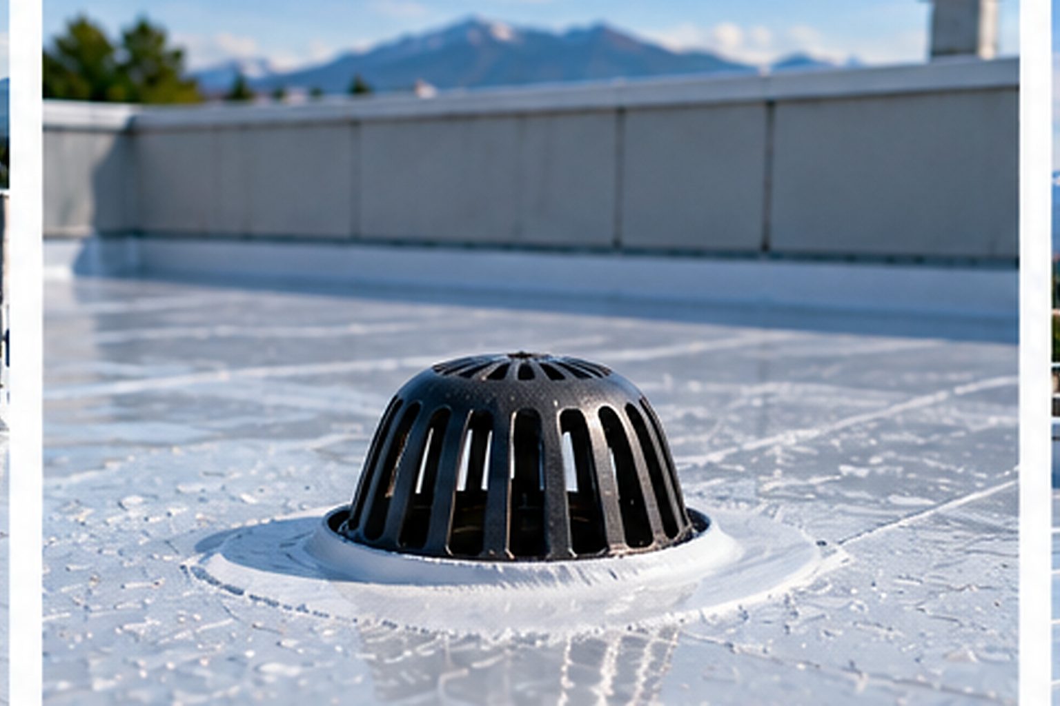 Commercial roof drain surrounded by coated waterproofing details
