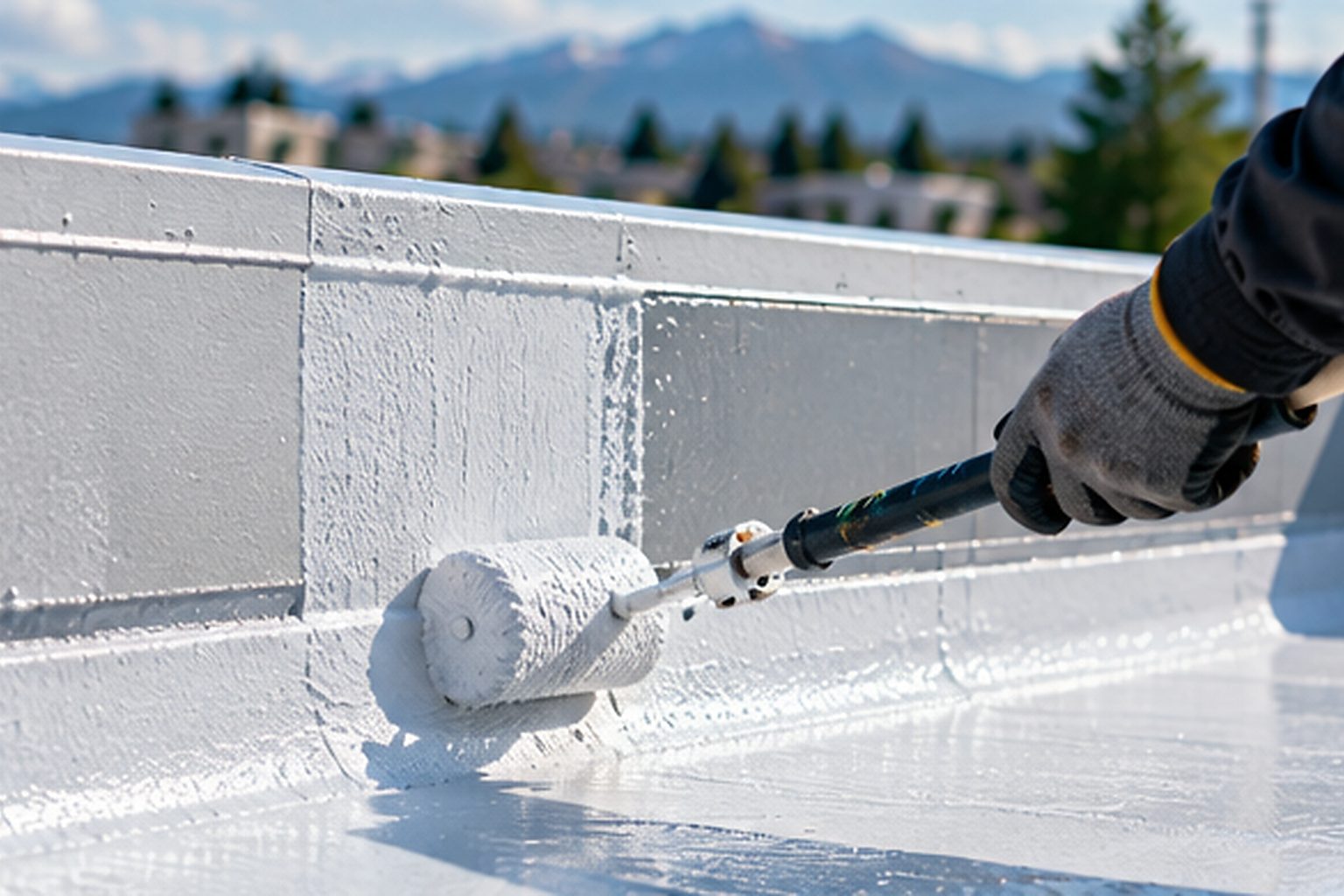 Protective roof coating being applied along a commercial roof edge and transition